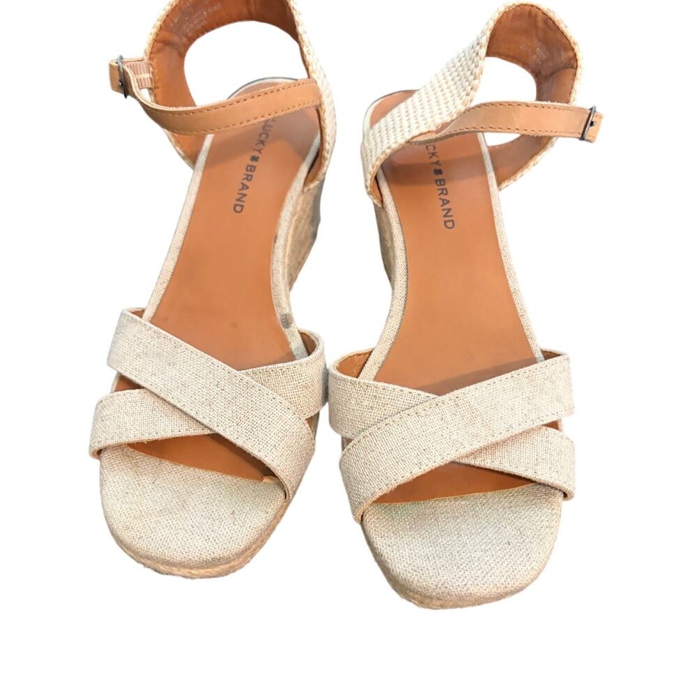 Lucky Brand Beige Espadrille Wedge Sandals 6 Ankle Strap Linen Canvas Summer